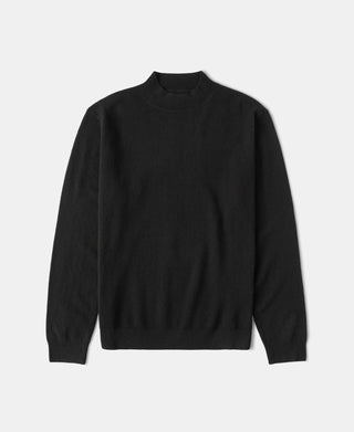 Black merino wool mock neck sweater, long sleeves, ribbed hem and cuffs