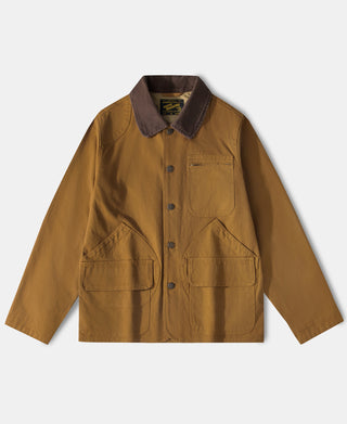 Khaki cotton canvas field hunting jacket with brown corduroy-style collar