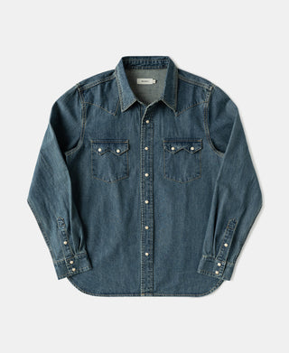Washed denim western shirt with pointed yoke and two chest snap pockets