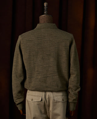 Slub Cotton Long Sleeve Knit Polo - Olive