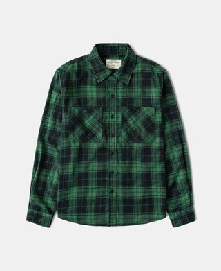 Green heavyweight plaid work shirt with button front and chest flap pockets