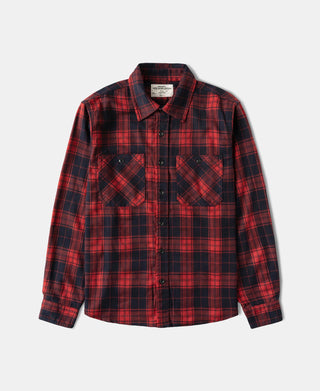 Red and dark navy plaid heavyweight work shirt with button front and two chest flap pockets