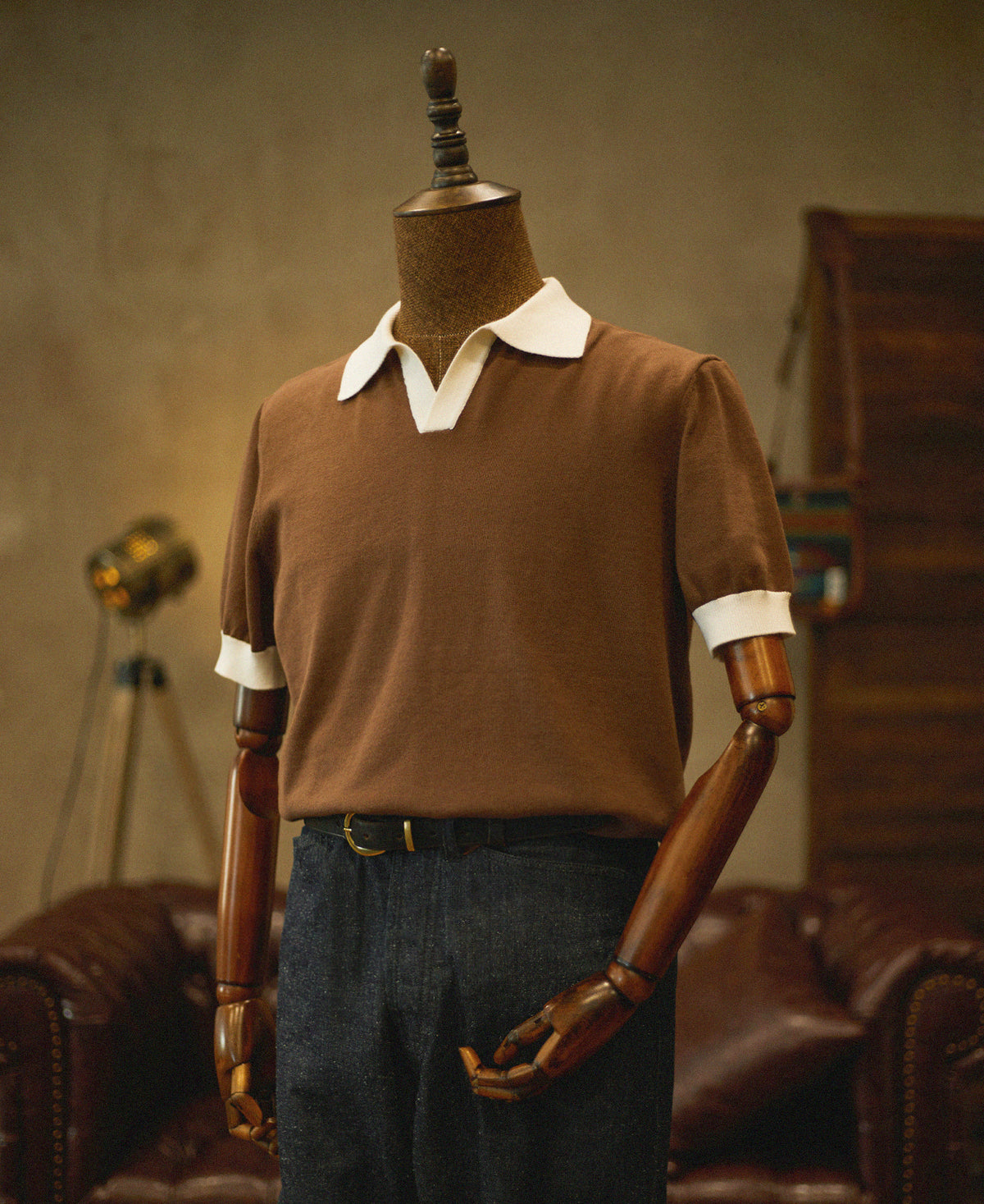 Two-Tone Johnny Collar Cotton Polo Shirt - White/Brown