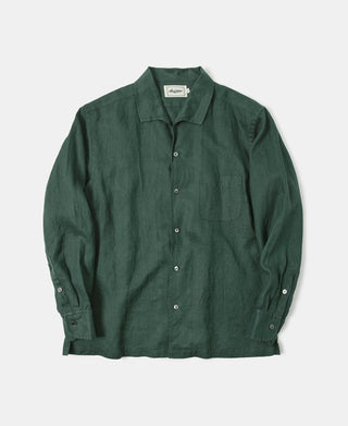 1950s Italian Collar Long-Sleeve Linen Shirt - Dark Green