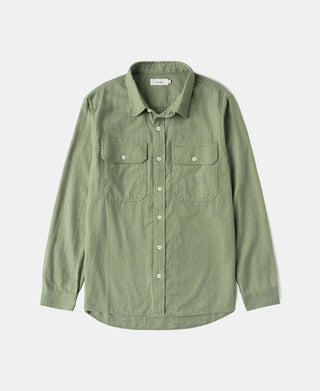 Sage brushed cotton flannel work shirt with button-front and chest pockets