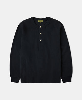 1930s 10.5 oz Cotton Loopwheel Tubular Henley Shirt - Black