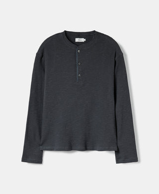 Honeycomb Waffle Knit Henley Long Sleeve T-Shirt - Vintage Black