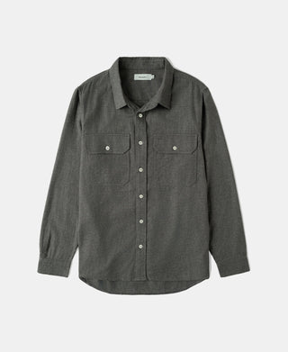 Dark gray brushed cotton flannel work shirt, button-up with chest pockets and long sleeves