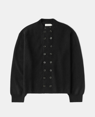 Black double-breasted knit cardigan with button-front and stand collar