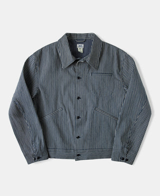Men's striped cossack-style jacket, blue and white, button-front with chest pocket