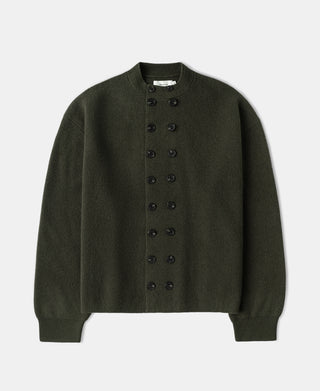 Olive knit double-breasted cardigan with button placket and crew neckline