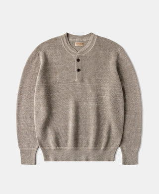 Textured Melange Knit Henley Shirt - Brown Beige