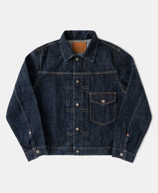 Indigo selvedge denim Type 1 jacket, front view with button placket and chest pockets