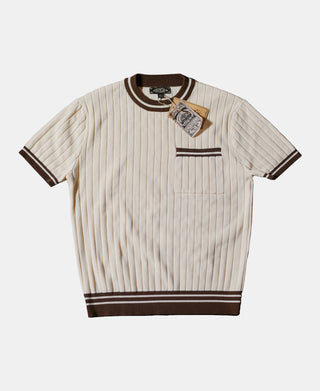 Kontrastfarbenes, geripptes Strick-T-Shirt mit Rundhalsausschnitt
