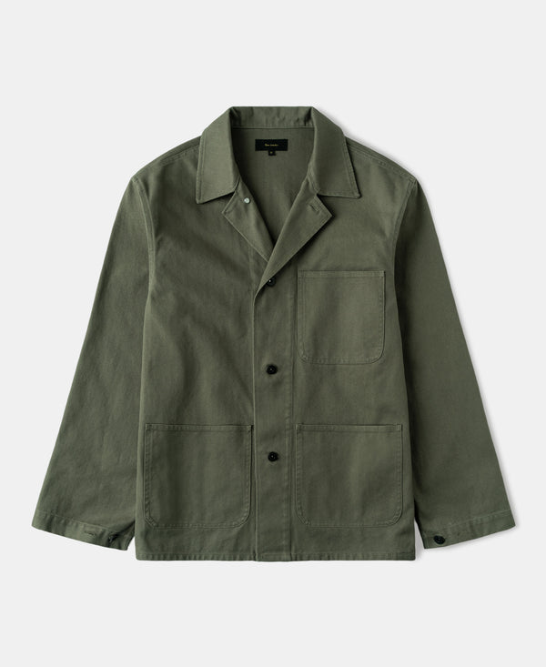 Olive herringbone field jacket with button front and chest pockets