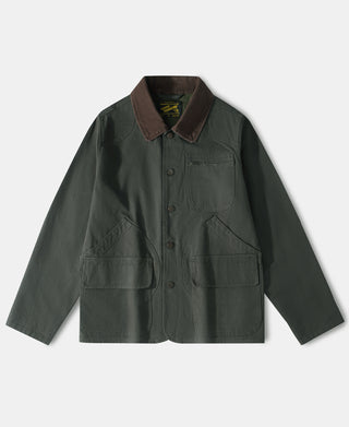 Olive cotton canvas hunting jacket with brown corduroy collar and button front