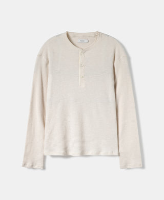 Honeycomb Waffle Knit Henley Long Sleeve T-Shirt - Oatmeal