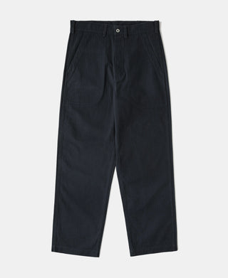Navy deck trousers with button waistband and belt loops, straight relaxed legs