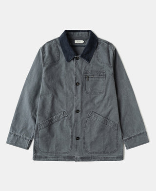 Gray-blue canvas field jacket with dark corduroy collar, button front, and three patch pockets