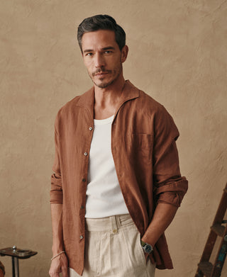 1950s Italian Collar Long-Sleeve Linen Shirt - Brown