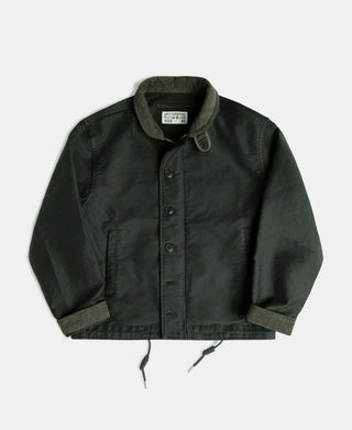 Black olive N-1 deck jacket with rib-knit collar and button front