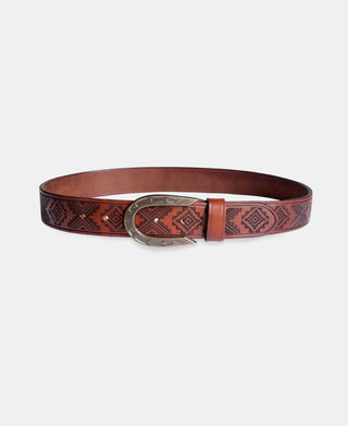 Navajo Tooled Stirrup Buckle Leather Belt - Brown