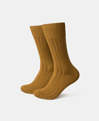 Ribbed dress socks in ginger brown, crew length, textured vertical stripes.