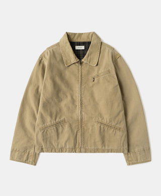 Duck canvas cossack jacket in washed khaki, front zip, pointed collar, chest pocket