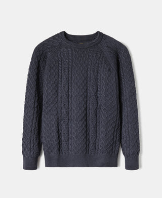 Gray-blue cable knit crewneck fisherman sweater with long sleeves and ribbed cuffs