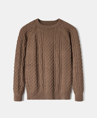 Light brown cable knit sweater with vertical rope and diamond cables
