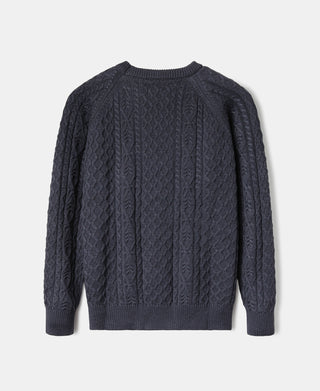 Gray-blue cable knit crewneck fisherman sweater with textured back and ribbed hem