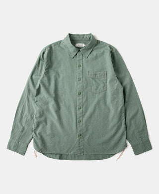 Sage green vintage workshirt with button front, spread collar, and chest pocket