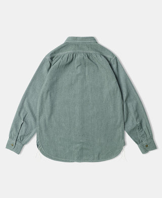Sage green pointed-collar shirt, back view, long sleeves with button cuffs