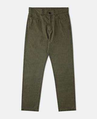 Olive washed tapered 5-pocket pants with button waist and belt loops