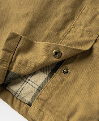 Khaki field jacket collar with plaid lining and two metal snaps