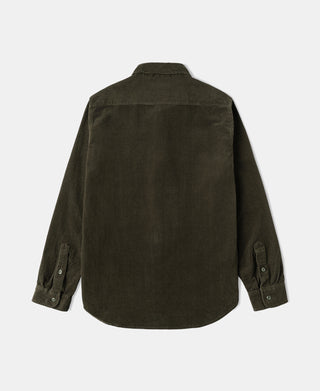 Men's rosin green cotton corduroy button-up shirt, back view, long sleeves