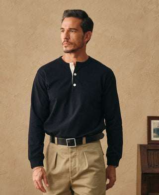 1930s 10.5 oz Cotton Loopwheel Tubular Henley Shirt - Black