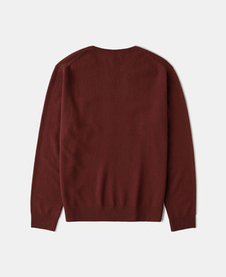 Maroon merino wool crewneck sweater with ribbed hem and cuffs