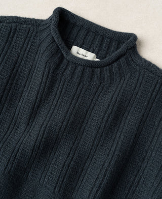 Mock Neck Pure Wool Guernsey Sweater - Dark Blue