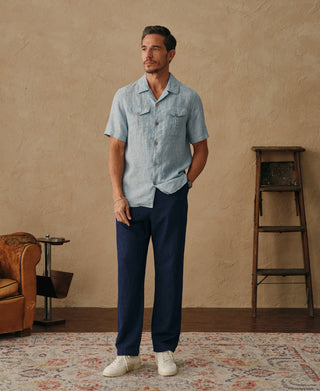 lifestyle shot of Yarn-dyed Linen Camp-Collar Shirt - Washed Blue