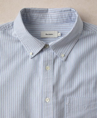 Blue-and-white striped oxford button-down shirt with button collar and chest pocket