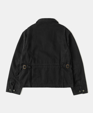 Black duck canvas Cossack jacket back view with belt tabs and snap cuffs