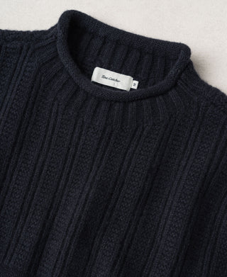 Mock Neck Pure Wool Guernsey Sweater - Navy