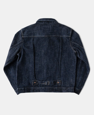 Indigo selvedge denim Type 1 jacket, back view with yoke and top-stitching