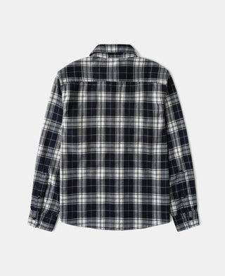 Blue heavyweight check work shirt with button back and full-length sleeves