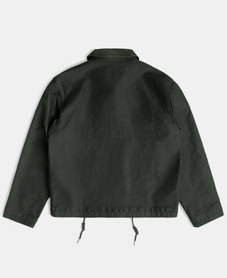 Black olive N-1 deck jacket with ribbed collar and button front, back view