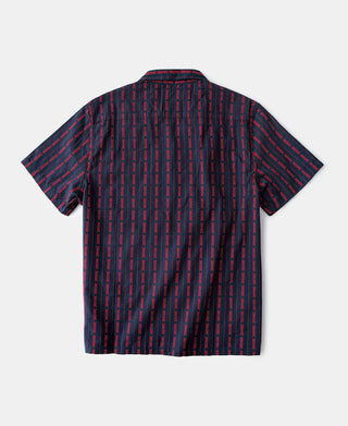 Kurzärmeliges Jacquard-Streifenhemd mit Camp-Kragen – Rot/Marineblau
