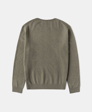 Merino wool crewneck sweater in grayish green, back view with ribbed hem and cuffs
