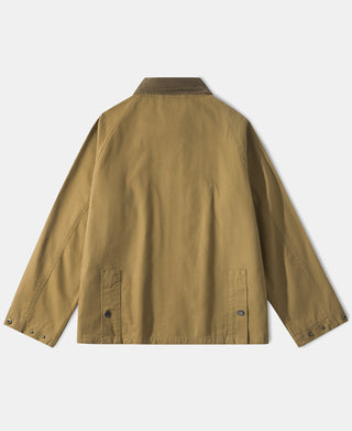 Khaki canvas field jacket back view with button placket and dual side vents