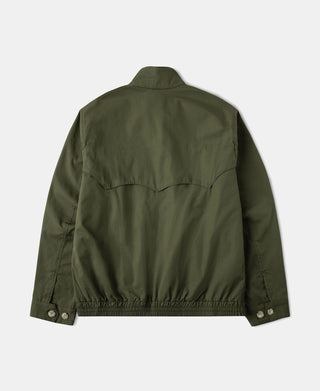 Olive Harrington jacket back view with elastic hem and snap button cuffs